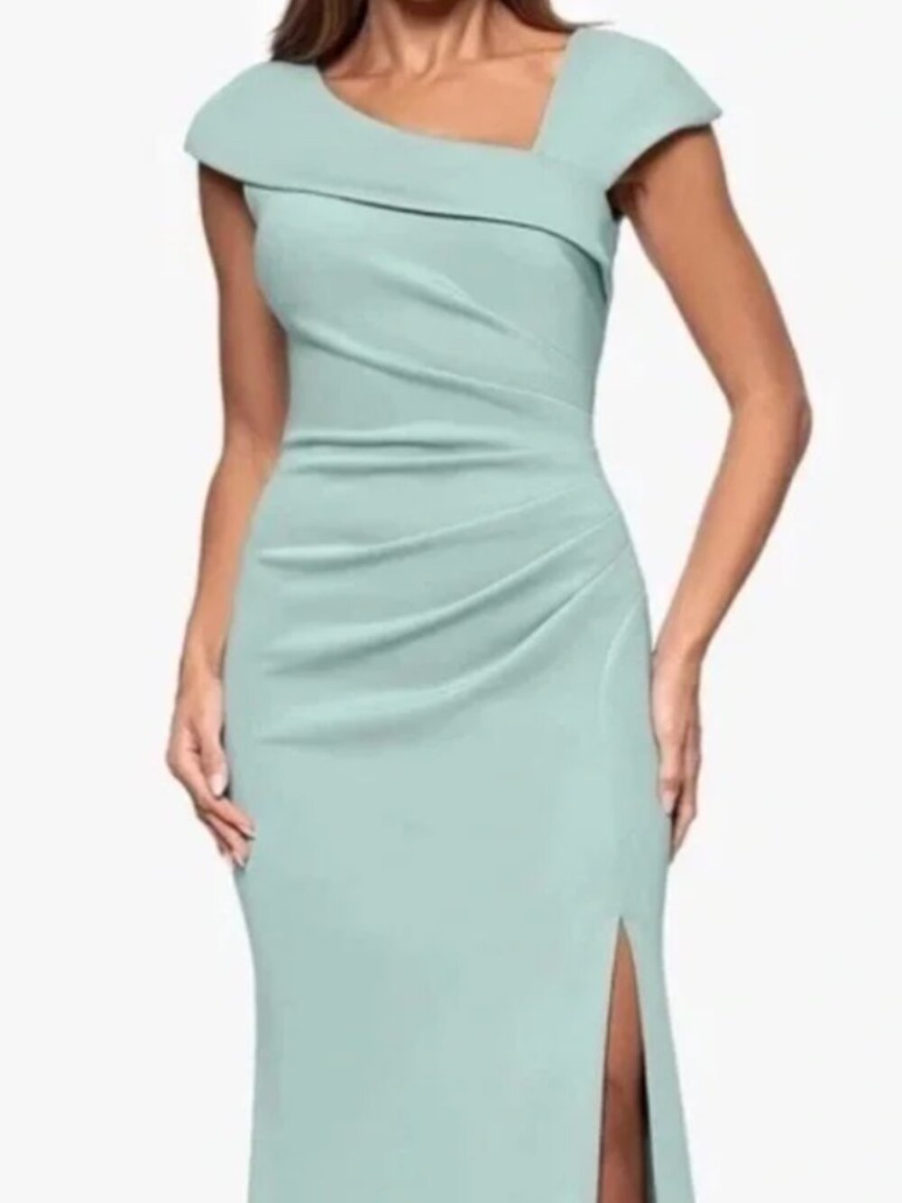 Xscape Asymmetric-Neck Side-Slit Sage Gown Size 12